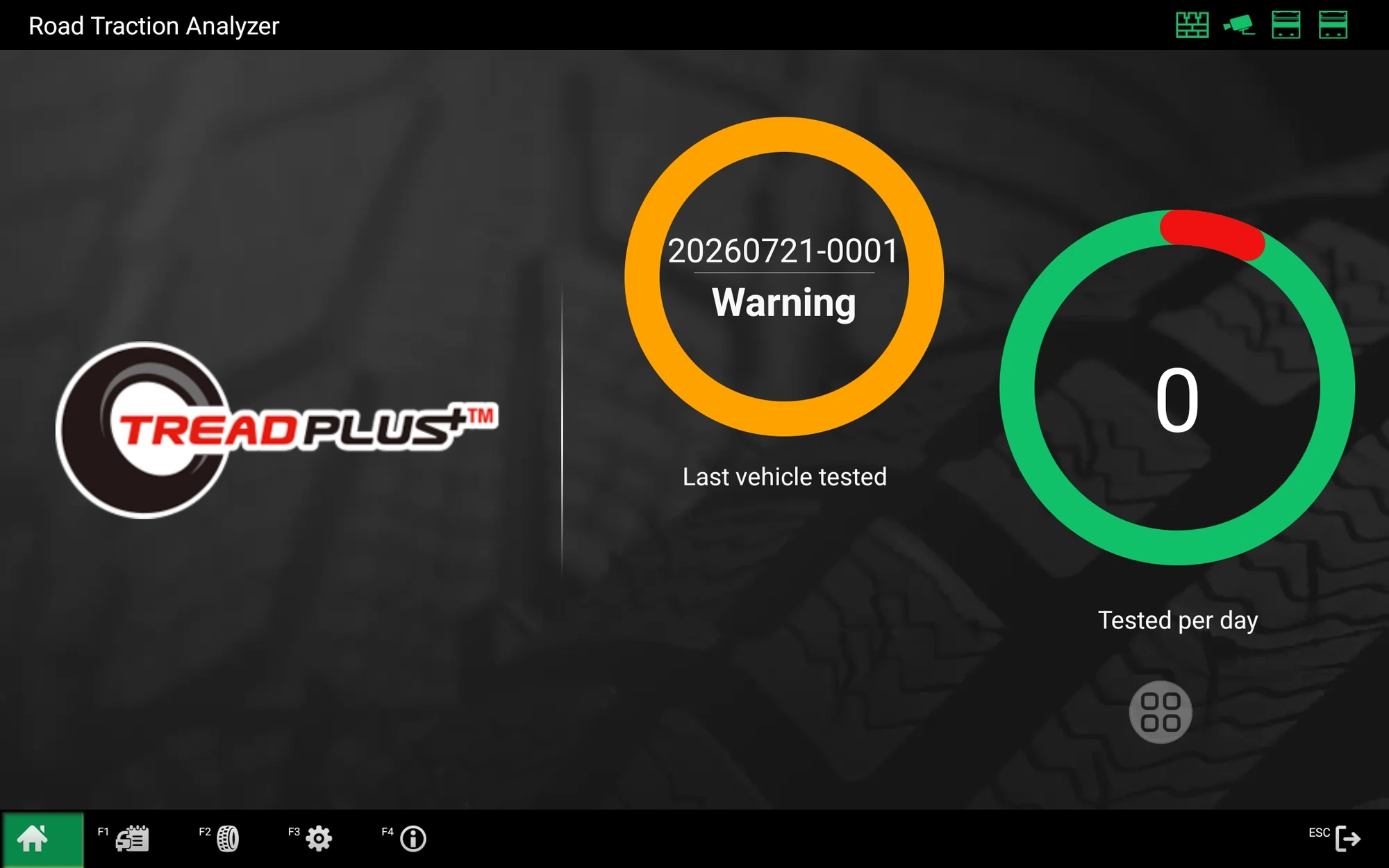 TreadScan dashboard showing last vehicle status and daily inspection count