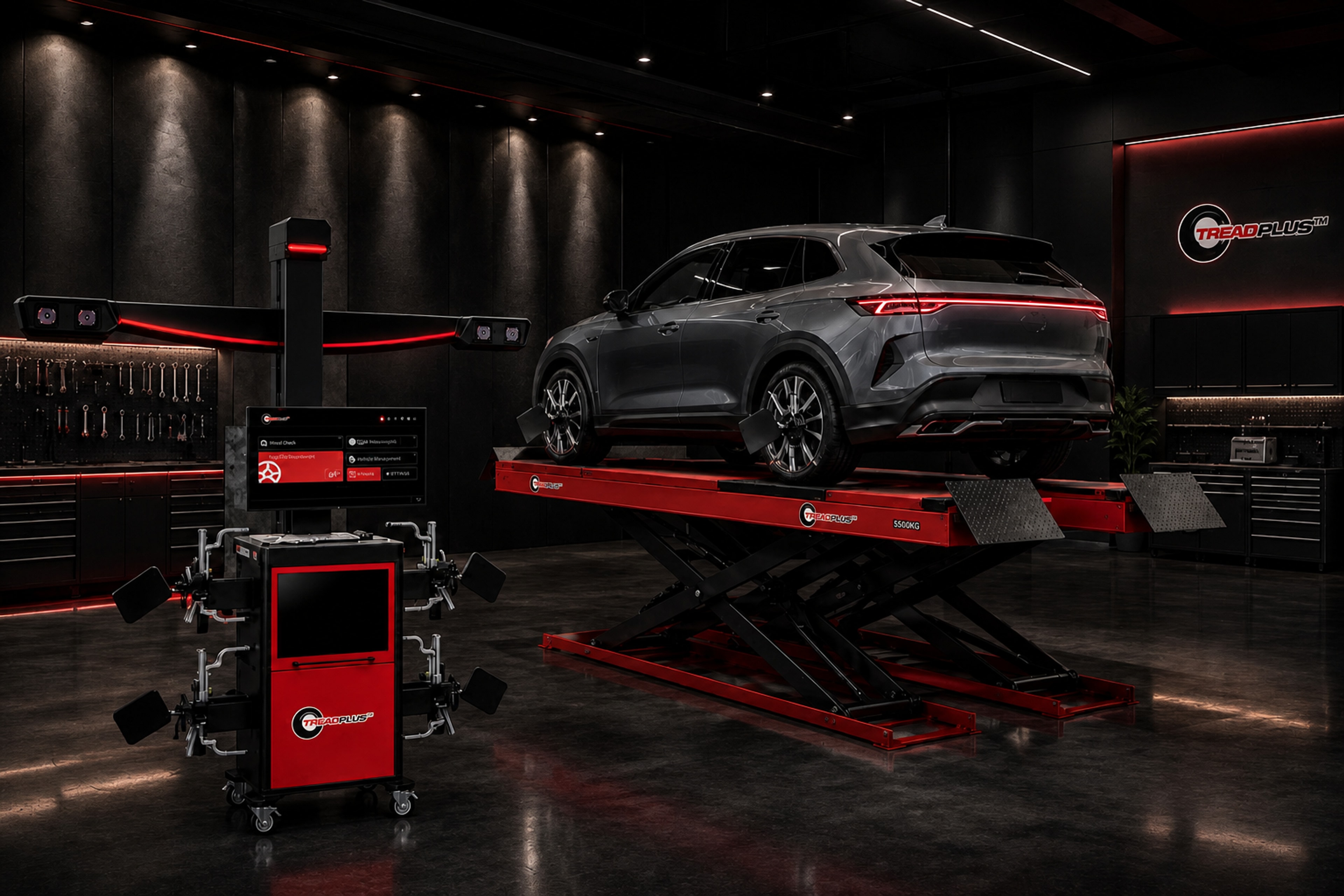 TreadPlus Vision X four-camera wheel alignment system in a professional workshop