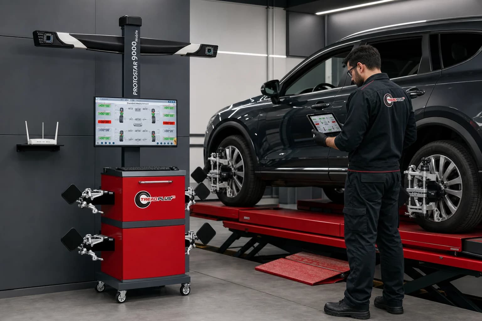 Technician using a connected tablet beside a TreadPlus wheel alignment system and vehicle on an alignment lift